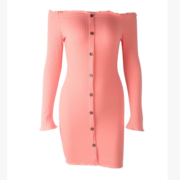 🌸🌸Sexy Peach Off Shoulder Button Up Dress - Picture 2 of 5